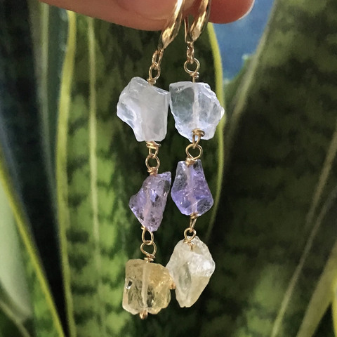 Raw Rock Mineral Crystal Long Tassel Clear Quartz Earrings Natural Amethysts Citrines Quartz Dangle Earring Female Reiki Healing ► Photo 1/6