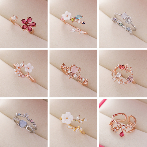 2022 Korean Delicate Zircon Crystal Leaf Shell Flower Heart Rings For Women Fashion Opening Finger Bague Ring Sweet Party Gifts ► Photo 1/5