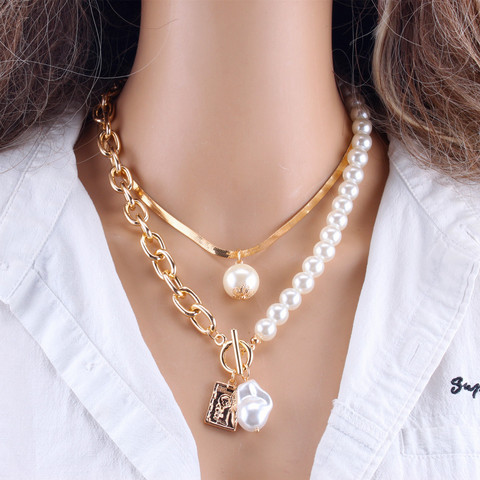 KMVEXO Fashion 2 Layers Pearls Geometric Pendants Necklaces For Women Gold Metal Snake Chain Necklace New Design Jewelry Gift ► Photo 1/6
