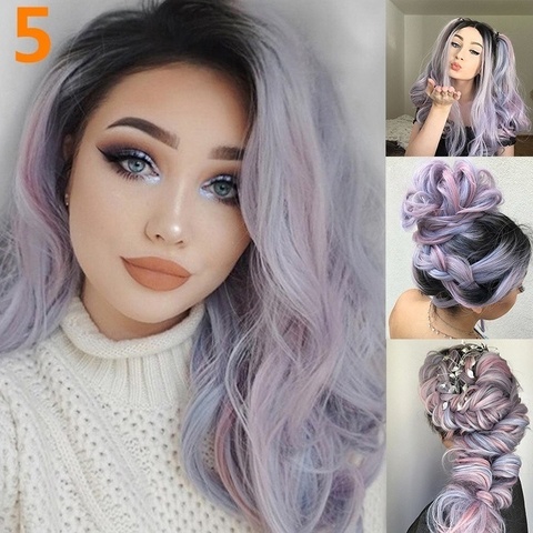 WHIMSICAL W Women Medium Long Curly Wigs Natural Ombre Mixed Purple Black Color Heat Resistant Hair Synthetic Wig for Women ► Photo 1/6
