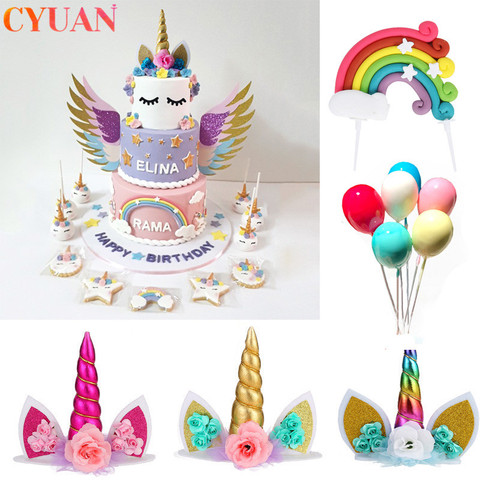 Unicorn Horn Cake Topper Kids Birthday Party Decor Rainbow Balloon Cupcake Toppers Baby Shower Wedding Cake Decorations ► Photo 1/6