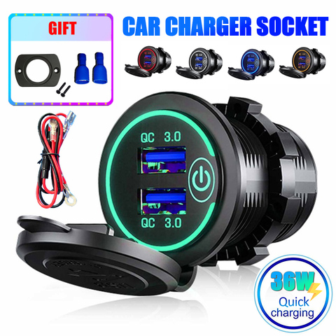 QC 3.0 USB Charger 3A Quick Charger Motorcycle Dual Auto USB Charger Socket LED Display with Touch Switch for Truck Boat ATV ► Photo 1/6