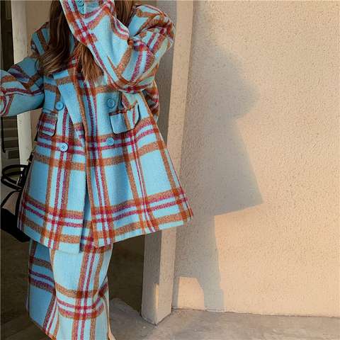 Fashion woolen coat 2-piece set female autumn winter new style retro Korean thick mid-length blue coat plaid suit woolen coat ► Photo 1/6