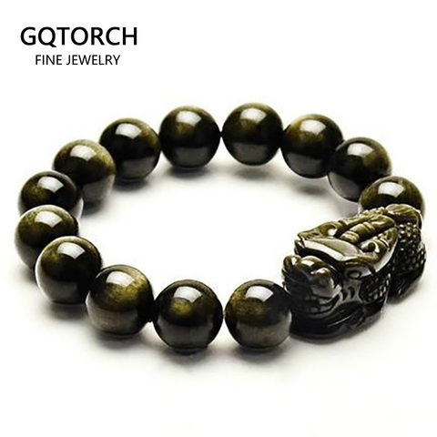 Natural Obsidian Beads Bracelet Gold Color Energy Stone Hand String Pixiu Lucky Brave Troops Women Men Jewelry ► Photo 1/6