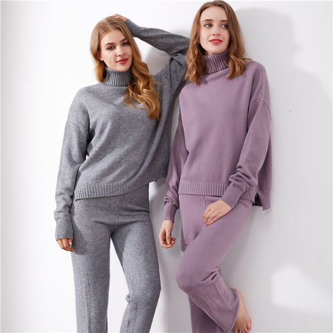 Colorfaith 2022 Autumn Winter Women Sets 2 Pieces Turtleneck Sweater Pullovers Wide Leg Long Pants Warm Tracksuit Suits WS1219JX ► Photo 1/6