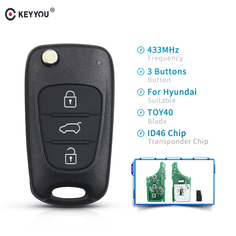 KEYYOU 433 Mhz Flip Car Remote Key Fob ID46 Chip For Hyundai I20 I30 IX35 Avante 3 Button Folding Car Auto Vehicle Control Alarm ► Photo 1/6