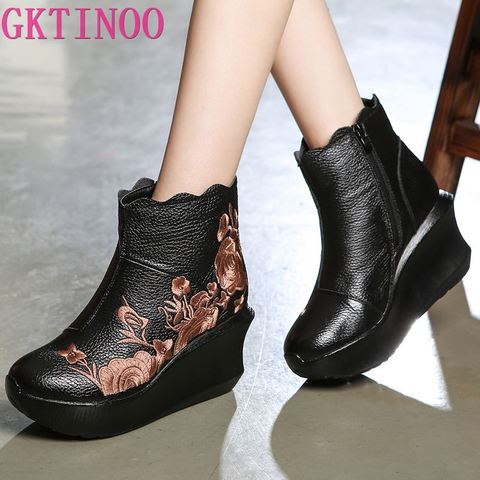 GKTINOO Embroider Handmade Boots For Women Genuine Leather Ankle Shoes Vintage Platform Women Shoes Round Toes Wedges Boots ► Photo 1/6