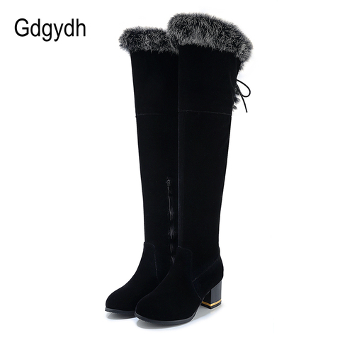 Gdgydh Natural Fur Winter Boots Women Knee High Long Boots Square Heel Winter Shoes Woman Waterproof Rubber Sole Plus Size 23-46 ► Photo 1/6