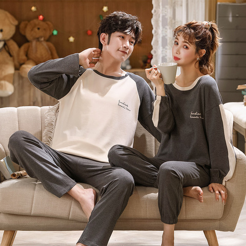 Foply Couple Pajamas Set 100% Cotton Homewear Fresh Style Long Sleeve Sleepwear New Autumn Pj Set For Lover Pijamas Mujer Suit ► Photo 1/6