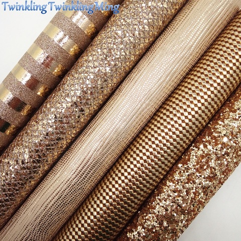 GOLD Glitter Fabric, Dots Synthetic Leather, Stripes Printed Faux Fabric Sheets For Bow A4 21x29CM Twinkling Ming XM003D ► Photo 1/6