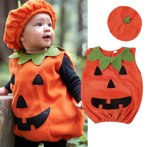 0-3Y Newly Cosplay Halloween Toddler Baby Kid Pumpkin Print Sleeveless Romper Jumpsuits Tops+Hats Baby Clothes 2PCS Costumes ► Photo 1/6