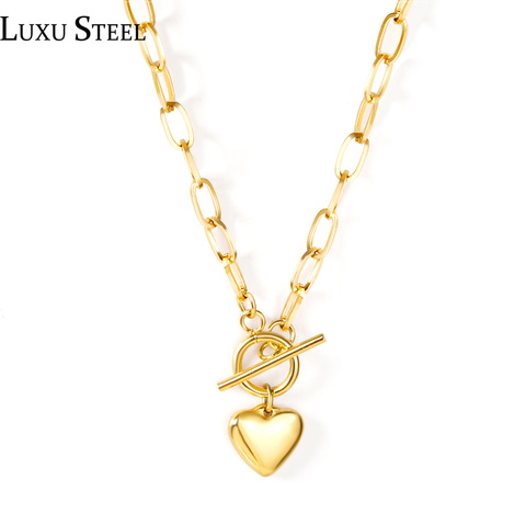 LUXUSTEEL Punk Gold Cuban Link Chains Necklaces Collier Collars Stainless Steel Heart Bow Knot Pendant Necklaces Wedding Jewelry ► Photo 1/6