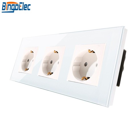 Bingoelec EU Standard Triple Germany Power Socket White Black Gold Crystal Toughened Glass Panel 16A Wall Socket 86*228mm ► Photo 1/5