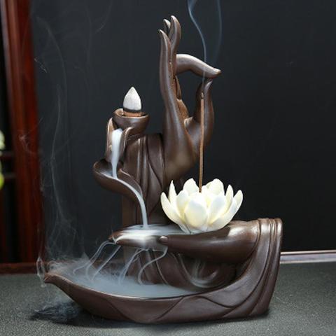 Zen Buddha Hand Incense Burners Backflow Incense Burner Holder Lotus Home Decor Joss Stick Aroma Tower Censer With20PCS Cones ► Photo 1/6