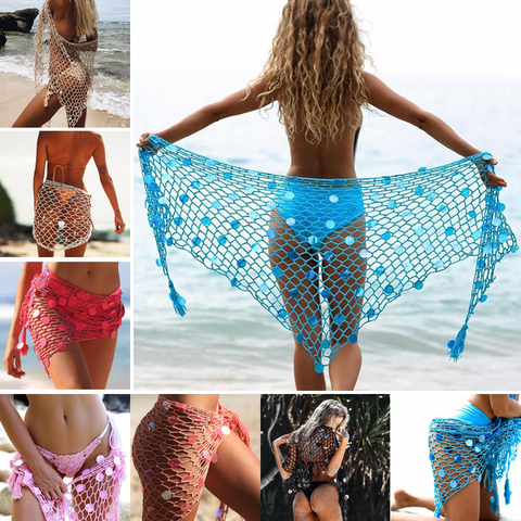 2022 New Arrival Summer Sexy Women Sequin Hollow Out Fishnet Crochet Mesh Bikini Cover Up Swimwear Bathing Beach Dress ► Photo 1/6