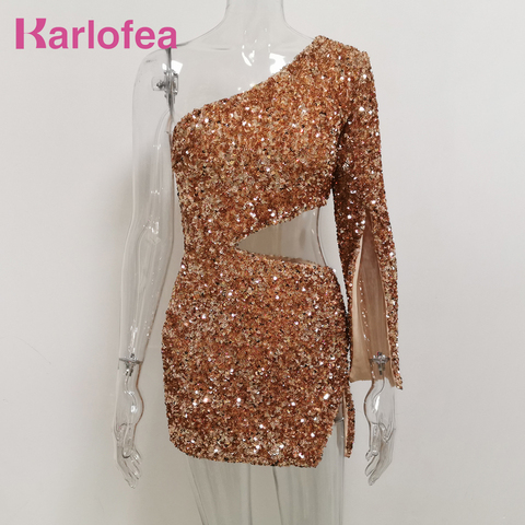 Karlofea Lady Sexy Club Party Mini Dress One Should Long Sleeve Celebrity Outfits Fashion Hollow Out Glitter Sequin Split Dress ► Photo 1/6