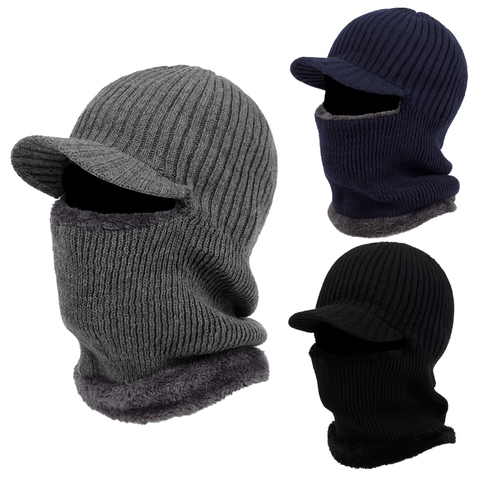 Men Winter Knitted Balaclava Beanie Hat with Visor Plush Lining Neck Warmer Mask ► Photo 1/6