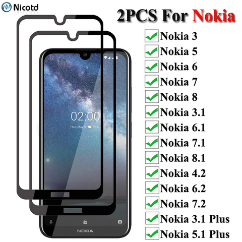 2Pcs/Lot Full Cover Tempered Glass For Nokia 4.2 3.2 2.2 6.2 7.2 Screen Protector For Nokia 3 5 6 7 8 8.1 7.1 6.1 3.1 Plus X5 X7 ► Photo 1/6