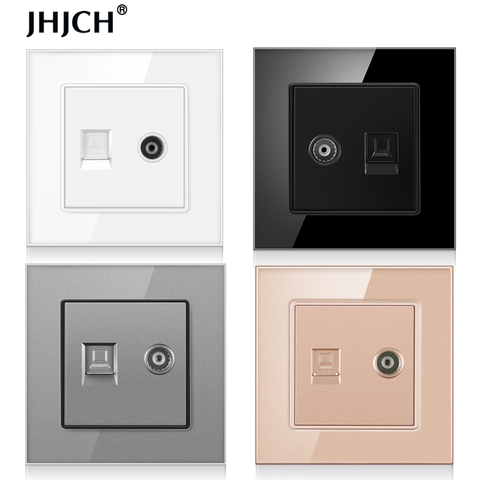 JHJCH crystal glass panel wall socket with CAT6 RJ45 internet computer data socket TV tel weak current socket ► Photo 1/6
