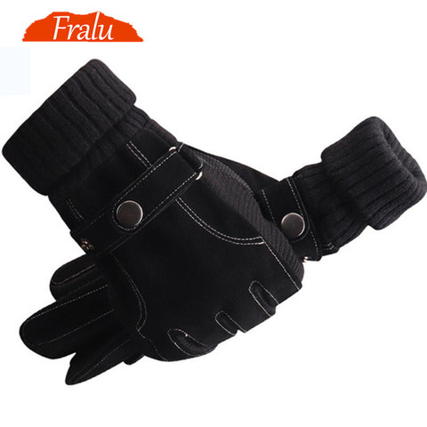 FRALU Men Genuine Leather Gloves Autumn Winter Warm Touch Screen Full Finger Black Gloves High Quality ► Photo 1/6