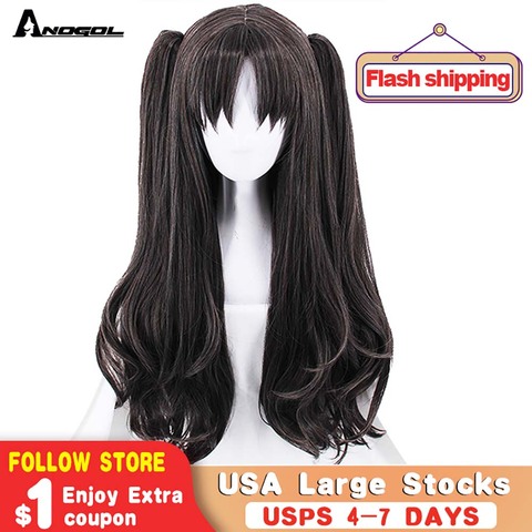 Anogol Anime Fate/Grand Order Tohsaka Rin Double Clip Ponytail Black Long Wave Synthetic Cosplay Wig For Halloween Party + Cap ► Photo 1/5