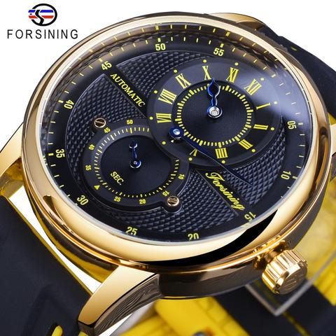 Forsining Black Golden Luxury Men Transparent Automatic Wristwatch Waterproof Mechanical Watch Silicone Band Casual Sport Clock ► Photo 1/6