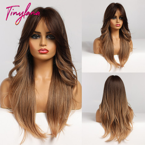 TINY LANA  Long Black Gloden Honey Brown Wavy Wigs  with Bangs Synthetic Wigs Natural For Women Cosplay Heat Resistant Fibre ► Photo 1/6