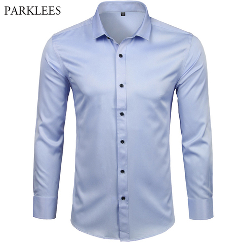 Men's Bamboo Fiber Dress Shirts Casual Slim Fit Long Sleeve Male Social Shirts Comfortable Non Iron Solid Chemise Homme Blue ► Photo 1/6