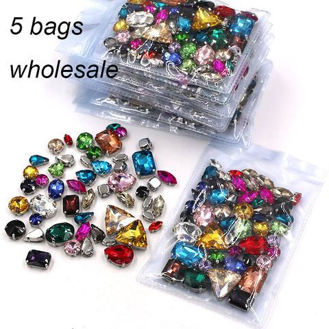 Free shipping Wholesale 5 bags mixed shape mix colors silver base sewing glass crystal rhinestones for clothing/wedding dress ► Photo 1/5