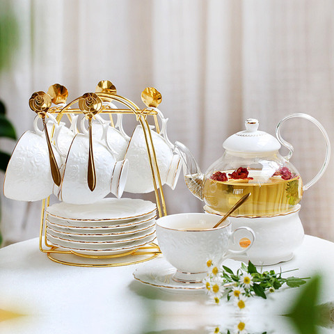 Rose Embossed English Afternoon Tea Set Porcelain Candle Heating European Glass Ceramic Teapot Cups Saucer Spoon Holder Tray Kit ► Photo 1/6