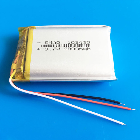 103450 3 wires 2000mAh 3.7V lipo polymer lithium rechargeable battery for MP3 GPS navigator DVD recorder headset e-book camera ► Photo 1/4