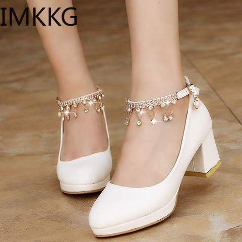 White Women Wedding Shoes Crystal Preal Ankle Strap Bridal Shoes Woman Dress Shoes Seay Pumps Sweet Party Shoes Y10342 ► Photo 1/6