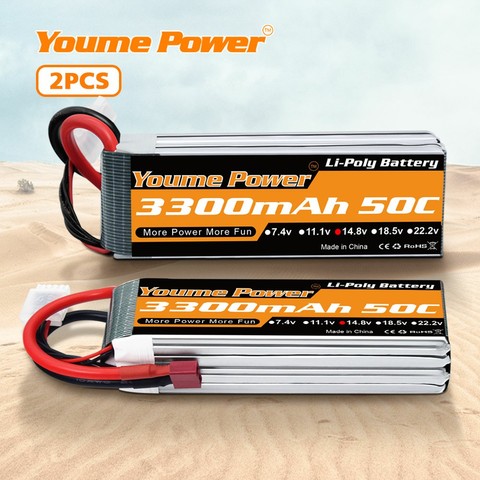 2pcs Youme Lipo 4S Battery 14.8v 3300mAh Lipo Battery Pack 50C with T Plug for RC trex 450 Helicopter Airplane Boat Quadcopter ► Photo 1/6