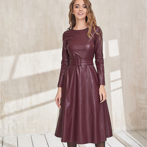 Plus Size Fashion Belt Faux Leather Dresses Women Long Sleeve Slim Fit PU Dress Sexy Club Wear New Arrival 2022 Autumn Winter ► Photo 1/6