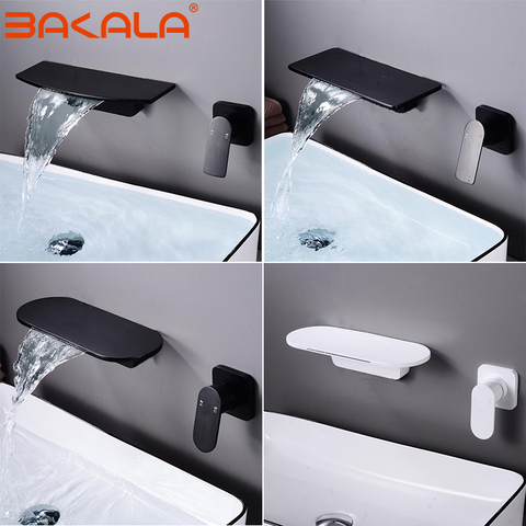 BAKALAWaterfall Faucet Matte Black&White Wall Mounted Bathroom Bathtub Faucet Large Shelf Platform Basin Water Mixer Quality Tap ► Photo 1/6