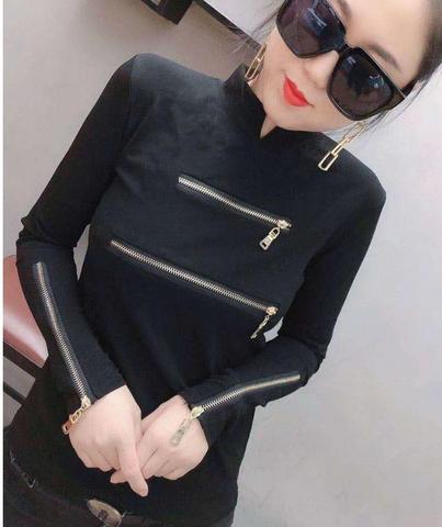 Zipper Deco Women T-shirts Femme Strechy Cotton T-shirts Lady Zipper Pullovers Tp[s ► Photo 1/6