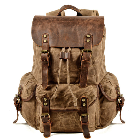 Mens Waxed Canvas Backpack Rucksack forwith Laptop Compartment Rustic Men Wax Leather Backpacks Travel Vintage Bookbag ► Photo 1/6