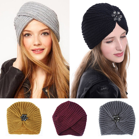 Women Bohemian Style Warm Winter Autumn knitted Cap Fashion Boho Soft Hair Accessories Turban Solid Color female Muslim hat ► Photo 1/6