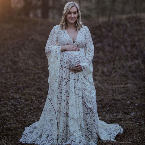 2022 Boho Style Lace Maternity Dress For Photography Maternity Photography Outfit Maxi Gown Pregnancy Women Lace Long Dress ► Photo 1/6