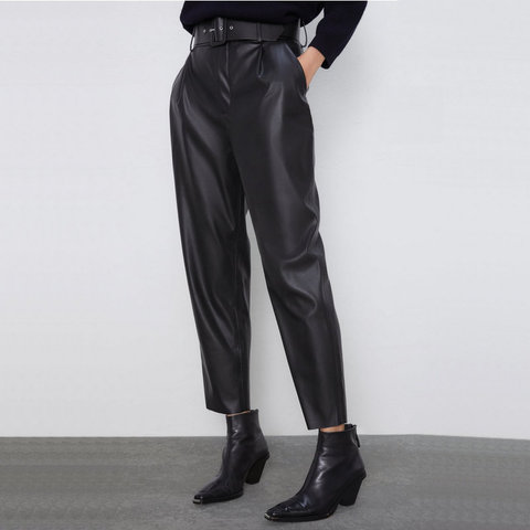 2022 Spring Autumn Women Fashion Black Hight Waist Faux Leather Suit Pants with Sashes Pockets Office Ladies PU Leather Trousers ► Photo 1/6