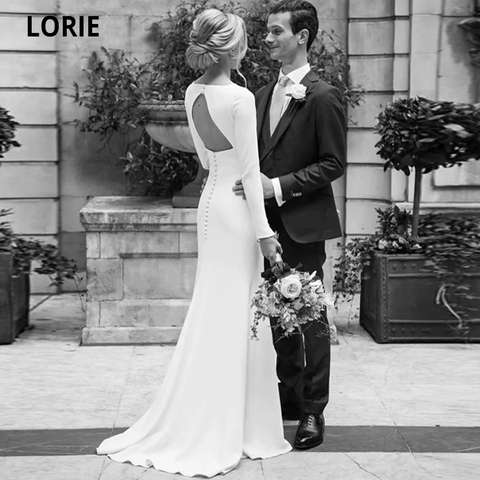 LORIE Elegant Simple Long Sleeve Wedding Dress Satin 2022 O-Neck Open Back Mermaid Bridal Gowns with Sweep Train Plus Size ► Photo 1/6