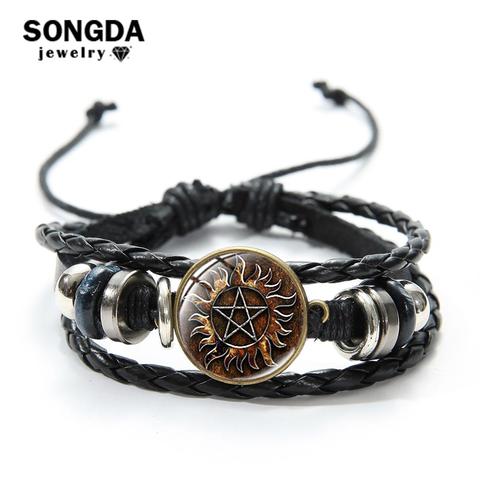 SONGDA Supernatural Dean Sam Bracelet Homme Pentagram Sun Pentacle Hebrew Charm Woven Leather Bracelet Bangle TV Series Jewelry ► Photo 1/6