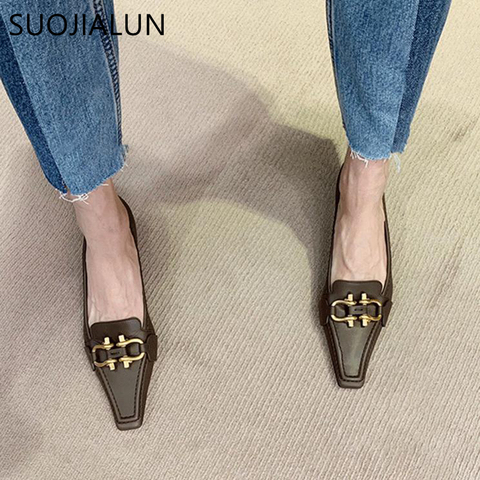 SUOJIALUN Fashion Brand Design Buckle Women Pumps Square Toe Slip On Work Shoes Low Heel Spring Autumn Party Wedding Shoes ► Photo 1/6
