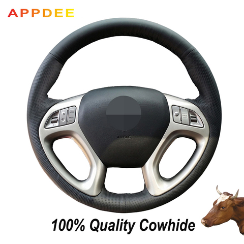 APPDEE Hand-stitched Black Genuine  Leather Steering Wheel Cover for Hyundai ix35 ► Photo 1/6