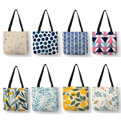 Eco Linen Foldable Tote Bags Geometric Pattern Dot Fresh Leaf Printing for Female Shopping Bags Large Capacity Storage Bolsa ► Photo 1/6