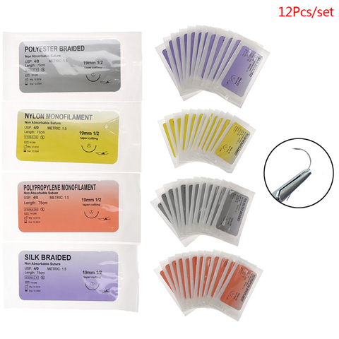 12Pcs 4/0 Medical Needle Suture Nylon Monofilament Silk Braided Needle Thread Suture Teaching Demonstrations Practice Kit ► Photo 1/6