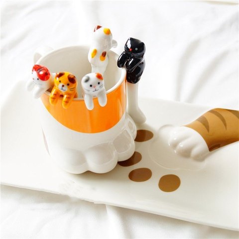 Hot sale Ceramic Cartoon Cute Cat Animal Spoon Hanging Coffee Dessert Spoon Unique Ice Cream Flatware Kitchen Tool Novelty Gift ► Photo 1/6