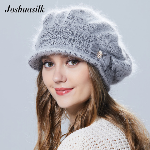 Joshuasilk Winter Women Hat With Visor Knitted Fashion Angora Wool Hat Butterfly Decoration Double Warm Hat ► Photo 1/6