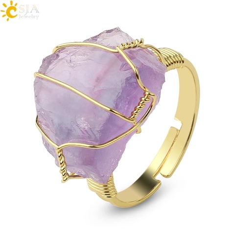 CSJA Natural Stone Irregular Wire Wrap Women Rings Healing Purple Crystal Fluorite Gold-color Resizable Fashion Finger Ring G339 ► Photo 1/6