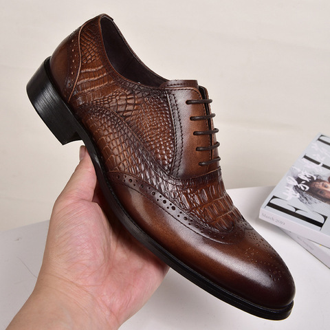 Yomior New Crocodile Vintage Fashion Men Shoes Formal Dress Casual Leather Shoes Business Wedding Loafers Designer Brogue Shoes ► Photo 1/6